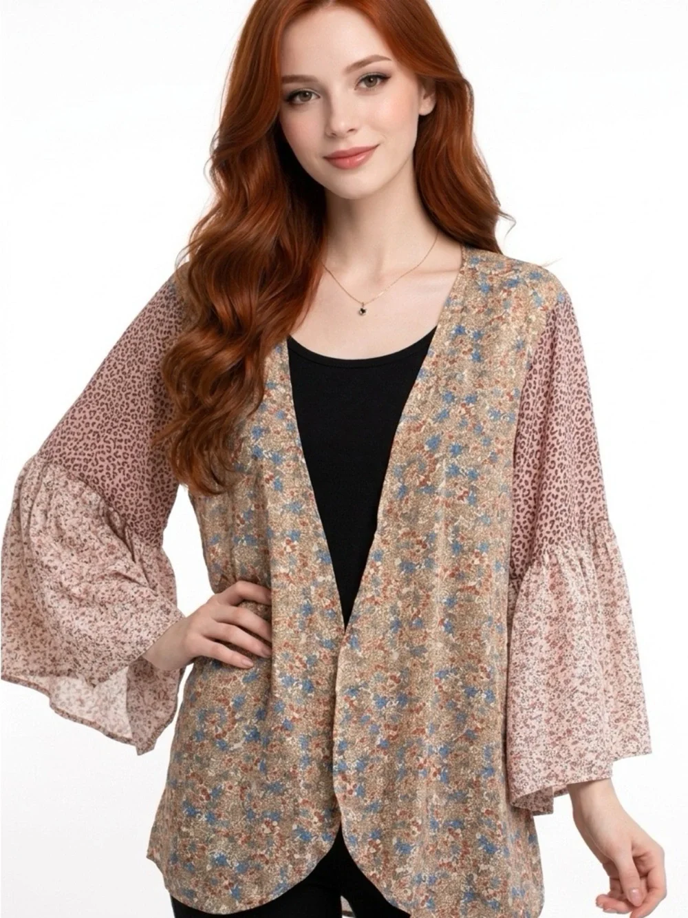 Umgee Floral Patchwork Kimono Cardigan in Dusty Rose and Tan - Picture 2 of 7